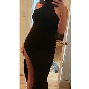 LIKE NEW - Super sexy black dress - high neck, high slit, halter top - Size M